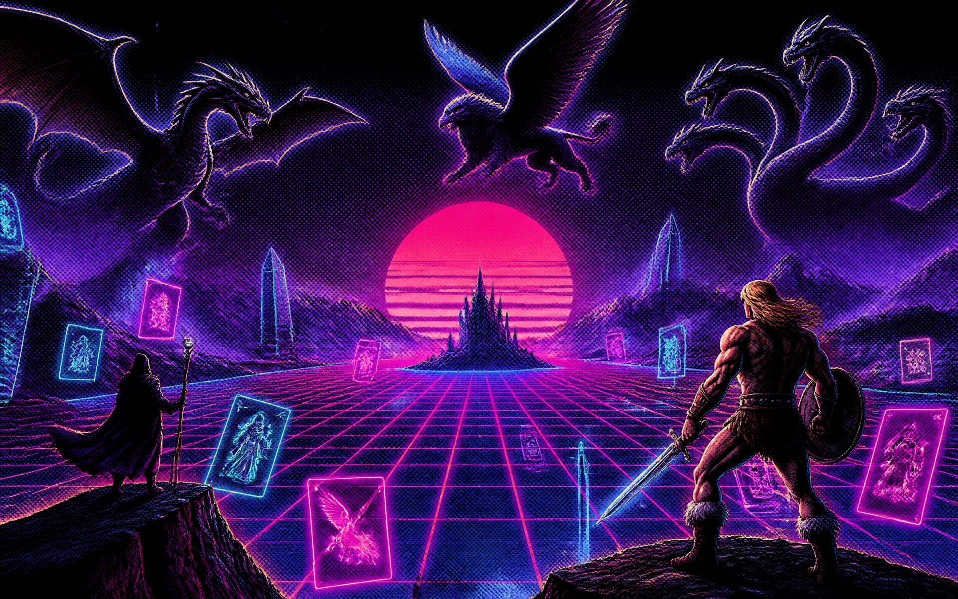 Neon synthwave grid landscape with dragons, a griffin and glowing spell cards